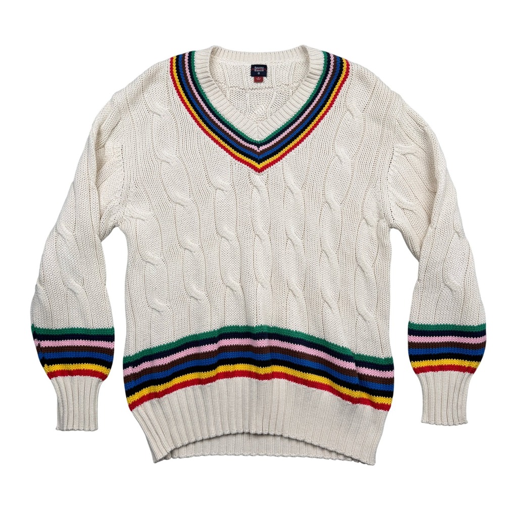 Rowing Blazers Sweater Mens M Cream Cable Knit Fisherman Stripe V-Neck Excellent